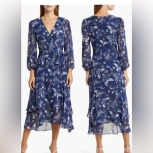 Eliza J Floral Long Sleeve Faux Wrap Midi Dress Navy Size 0 NWT